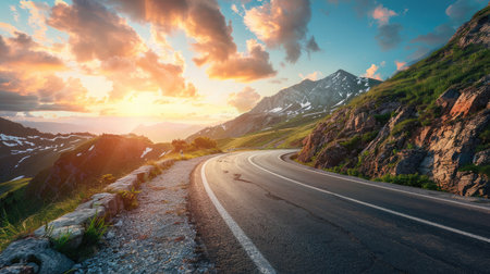 Mountain road at colorful sunset in summer. Dolomites, Italy. Beautiful curved roadway, rocks, stones, blue sky with clouds. Landscape with empty highway through the mountain pass in spring. Travel --ar 16:9 --v 6 Job ID: 71677bde-784a-4d2e-b277-30f8bbc818fdの素材