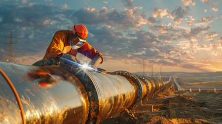 Industrial 4.0 Digital Visualization: Heavy Industry Welder Working, Welding Inside Pipe. Construction of NLG Natural Gas and Fuels Transport Pipeline. Clean Green Power and Energy Concept.の素材