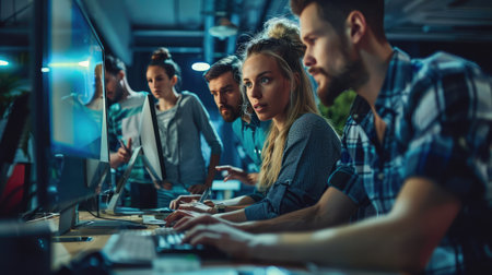 Software engineers working on project and programming in company. Startup business group working as team to find solution to problem. Woman programmer working on computer with colleagues standingの素材