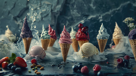 Various of ice cream flavor in cones blueberry ,strawberry ,pistachio ,almond ,orange and cherry setup on dark stone background . Summer and Sweet menu concept.の素材