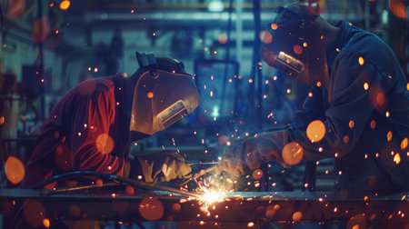 The two handymen performing welding and grinding at their workplace in the workshop, while the sparks "fly" all around them, they wear a protective helmet and equipment.の素材