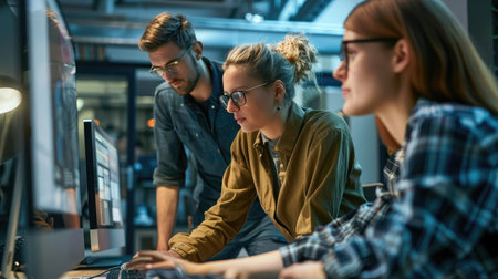 Software engineers working on project and programming in company. Startup business group working as team to find solution to problem. Woman programmer working on computer with colleagues standingの素材