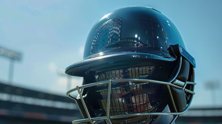 Cricket batting helmet with protective grill on Cricket Groundの素材