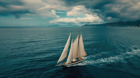 Sailing ship yachts with white sails at opened sea. Aerial - drone view to sailboat in windy condition.の素材