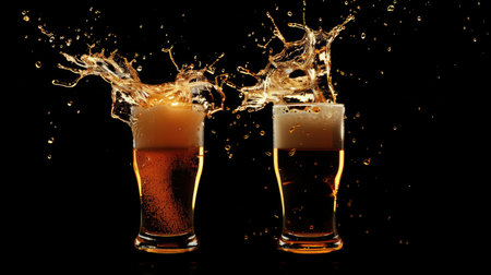 two glasses of beer toasting creating splashの素材