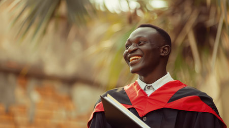 Happy graduate. Happy African man in graduation gowns holdinの素材