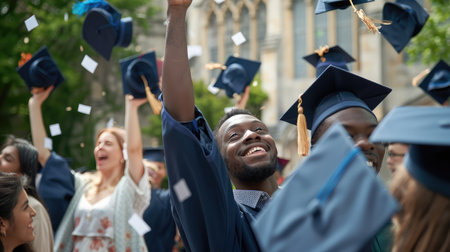 Students with congratulations throwing graduation hats in the air celebratingの素材