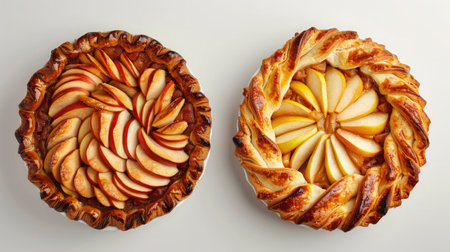 Thanksgiving pumpkin and apple various pies on white, top view, copy space. Fall traditional homemade apple and pumpkin pie for autumn holiday.の素材