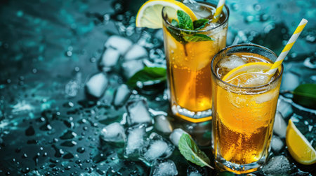Traditional iced tea with lemon and ice in tall glassesの素材