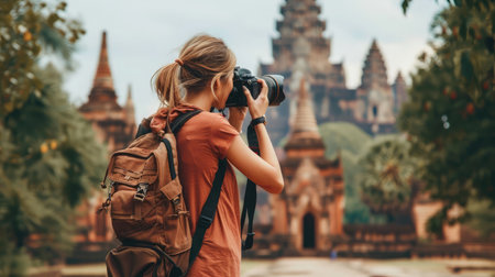 female traveler photographing templesの素材