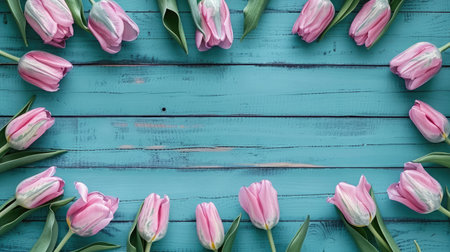 Frame of tulips on turquoise rustic wooden background. Spring flowers. Spring background. Greeting card for Valentine's Day, Woman's Day and Mother's Day. Top view.の素材