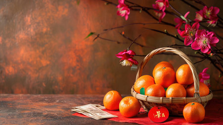 Accessories on Lunar New Year & Chinese New Year vacation concept background.Orange in wood basket with flower on modern rustic brown & red backdrop at home office deskの素材