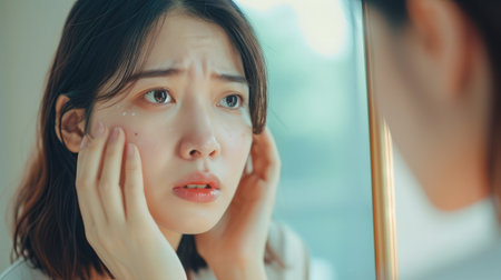 Dermatology, scratch asian young woman looking at mirror, expression worry and itch, itchy allergy or allergic sensitive reaction, red spot or rash on her face. Beauty care from skin problem treatmentの素材