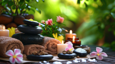 Spa concept: zen stones, candles and flowers on the background of woman receiving treatment --ar 16:9 --v 6 Job ID: 3efeb42d-1101-4700-a62c-588012186573の素材
