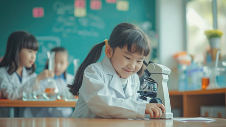Young Asian kids wearing white scientist gown and using microscope while study and learning in science classroom with teacher. Young children education concept by experiment, fun and enjoy class.の素材
