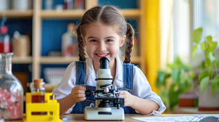 Happy Little child smile and learning in school laboratory using microscope, science and education conceptの素材