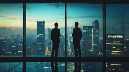 Back view silhouettes of two business partners looking thoughtfully out of a office window in situation of bankruptcy,team of businesspeople in fear or risk watching cityscape from skyscraperの素材