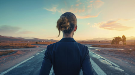 Back view of businesswoman standing on crossroads and making choiceの素材
