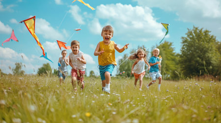 children run through the meadow in park with toys in their hands. happy family kid dream concept. a group of little kids have fun together and play with flying kites toy lifestyle airplaneの素材