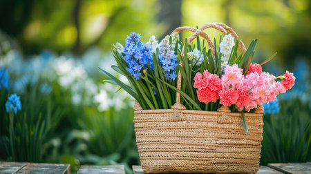 Beautiful straw bag with seasonal flowers of hyacinth and carnation blossomの素材