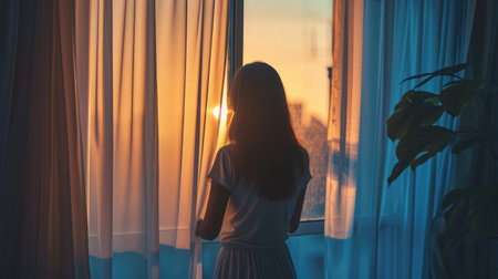 woman standing by the window in the twilight in the morning opens the curtains.の素材