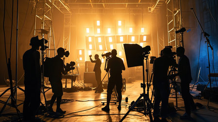 Silhouette images of video production behind the scenes or b-roll or making of TV commercial movie that film crew team lightman and cameraman working together with director in big studio --ar 16:9 --v 6 Job ID: 535a10d7-4eea-4984-b7ce-8ead80106f68の素材
