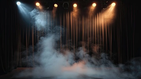 theater spot lights on black curtain with smokeの素材