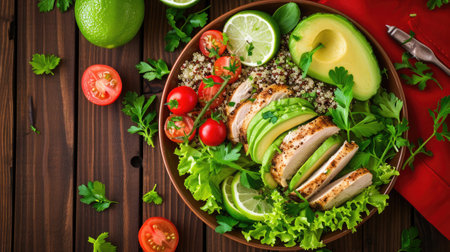 Healthy salad bowl with quinoa, tomatoes, chicken, avocado, lime and mixed greensの素材