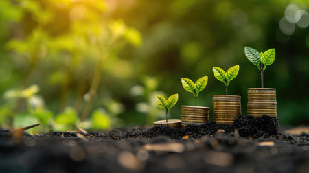Growing money,finance and investment. Seedling are growing with business arrow of growth.の素材