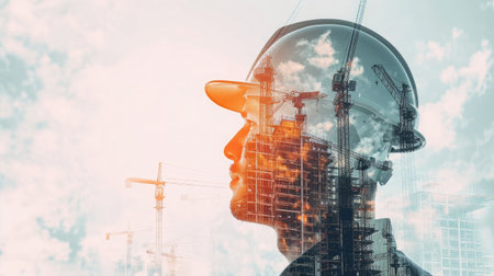 Future building construction engineering project concept with double exposure graphic design. Building engineer, architect people or construction worker working with modern civil equipment --ar 16:9 --v 6 Job ID: 53c2065a-2c94-4115-82d3-65a735509bffの素材