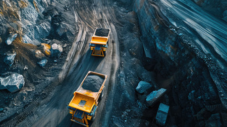 Panoramic view of coal mine. Open pit mine industry, big yellow mining truck for coal quarry. Open coal mining anthracite mining. Pit on coal mining by open way. Rock loading in trucks. Large truck --ar 16:9 --v 6 Job ID: 7793ad12-e64a-4e73-9a35-2fe0e12193ffの素材