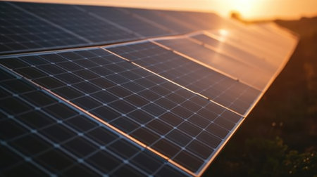 Close-up of Solar cell farm power plant eco technology.landscape of Solar cell panels in a photovoltaic power plant.concept of sustainable resources.の素材