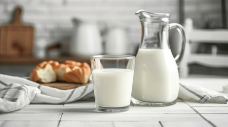 Serving breakfast milk with a jug in a glass on a white wooden kitchen table. Horizontal composition. Front viewの素材