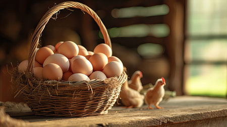 Basket of chicken eggs on a wooden table in the chicken farm --ar 16:9 --v 6 Job ID: b28bbb13-5944-4f4e-9a8b-7f62de13fe6fの素材