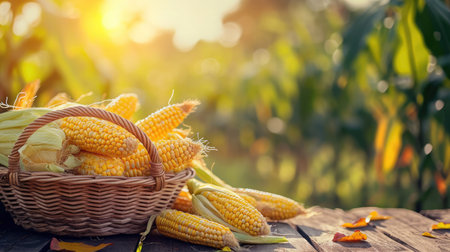corn in basket with leaves on wooden table and corn tree farm with sunlight background.の素材