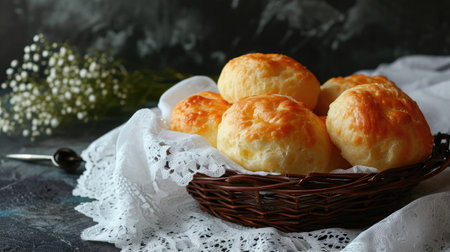 Cheese bread, Basket with cheese bread lying on a white lace tablecloth and accessories, dark backgroundの素材