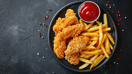 Fried Breaded chicken tender strips with french fries and tomato ketchup on a plate. Dark backgrund. Top view.の素材