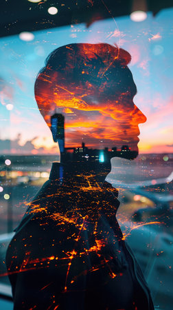 double exposure of digital identity, airport, silhouette, cosmic, HDR, futuristicの素材