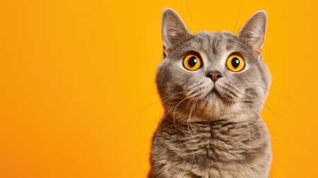 funny british shorthair cat portrait looking shocked or surprised on orange background with copy space --ar 16:9 --v 6 Job ID: cda49156-8512-4188-8af9-8272e5b1e2fbの素材