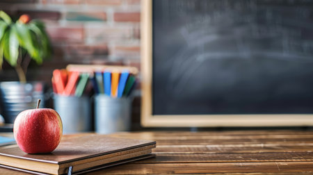 A school teacher's desk with stack of exercise books and apple in left frame. A blank blackboard in soft focus background provides copy space.の素材