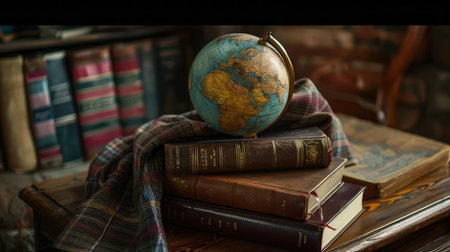 Books with globe on the school deskの素材