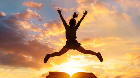 Back to school! Happy cute industrious child flying on the book on background of sunset sky. Concept of education and reading. The development of the imagination.の素材
