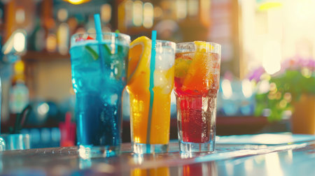 Alcoholic cocktail row on bar table, colorful party drinksの素材