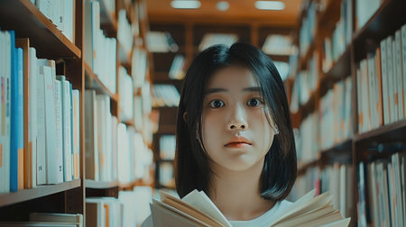 asian student getting books in a libraryの素材