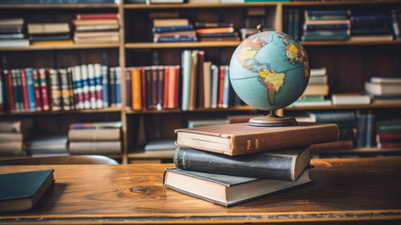 Books with globe on the school deskの素材