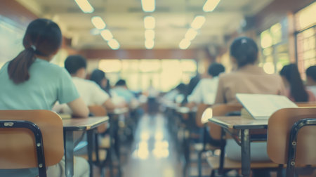 Blur school or university students writing answer doing exam in classroom, view from back of the class for education backgroundの素材