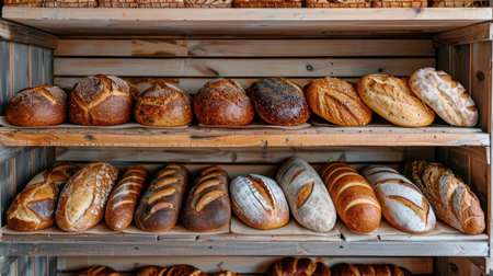 Delicious loaves of bread in a german baker shop. Different types of bread loaves on bakery shelves.の素材