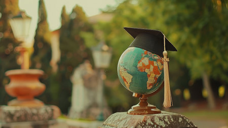 Graduation cap with Earth globe. Concept of global business study, abroad educational, Back to School. Education in Global world, Study abroad business in universities in worldwide. language studyの素材
