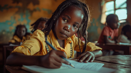 Cute pupil writing at desk in classroom at the elementary school. Student girl doing test in primary school. Children writing notes in classroom. African schoolgirl writing during the lesson.の素材
