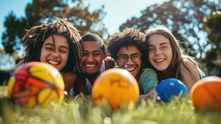 Image of happy friends on the grass with balls looking at cameraの素材
